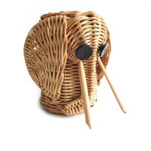 Vintage Rattan Woven Elephant Pencil Planter Utensil Holder Natural Decor